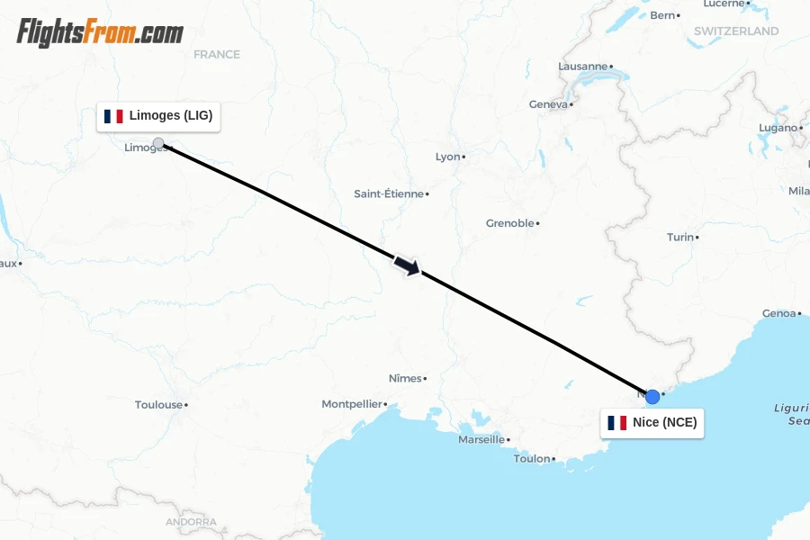 Flights from Limoges to Nice route map