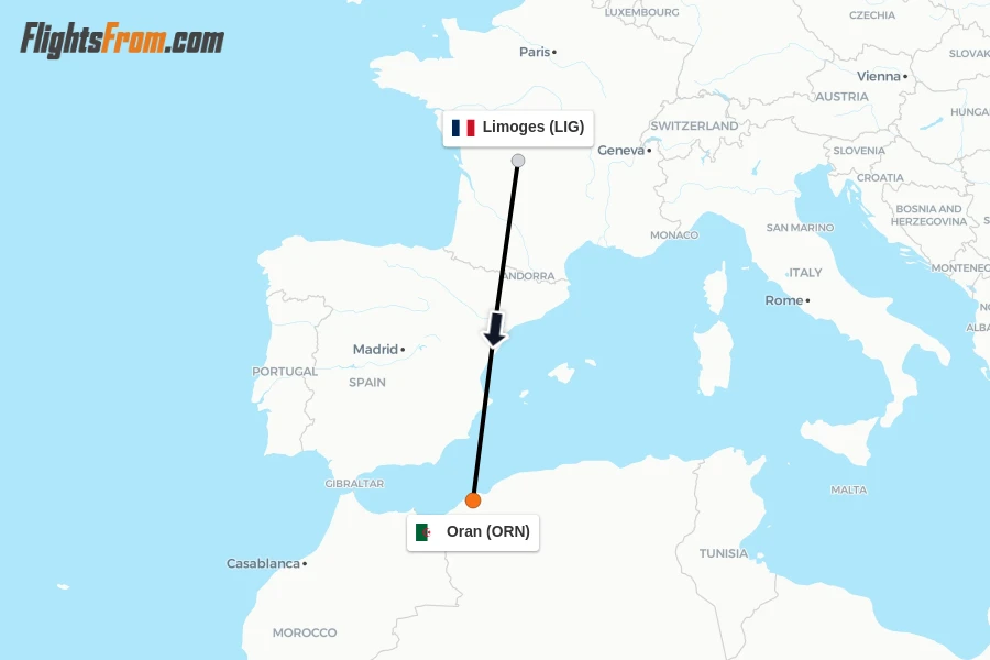 Flights from Limoges to Oran route map
