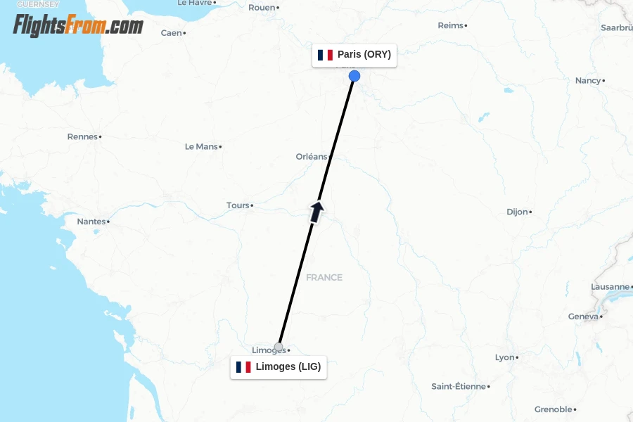 Flights from Limoges to Paris route map