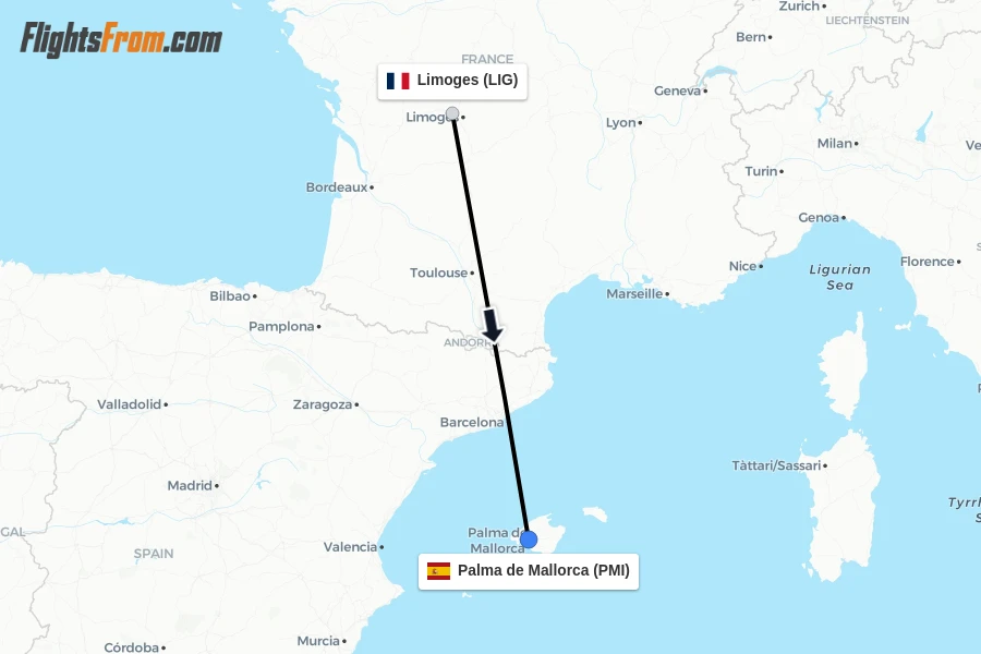 Flights from Limoges to Palma de Mallorca route map