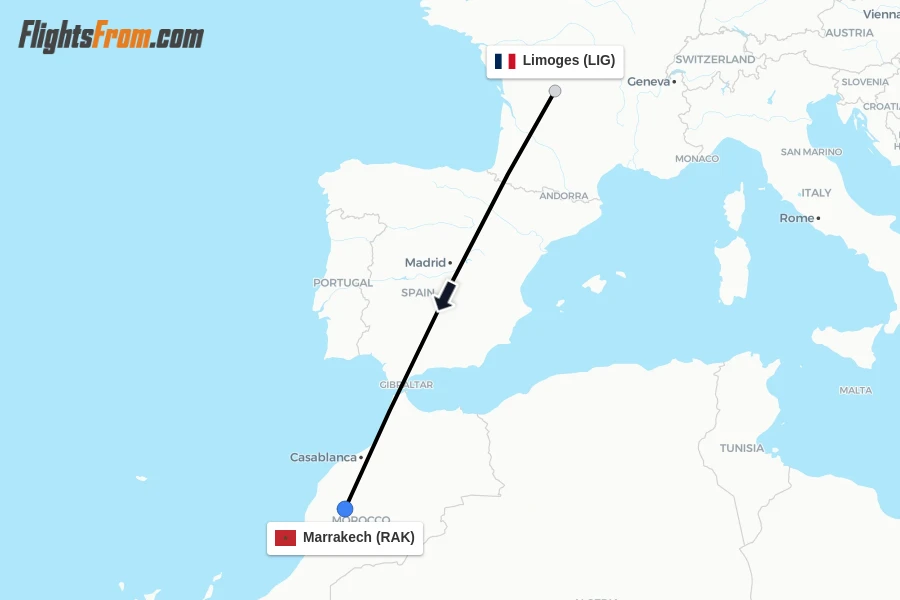 Flights from Limoges to Marrakech route map