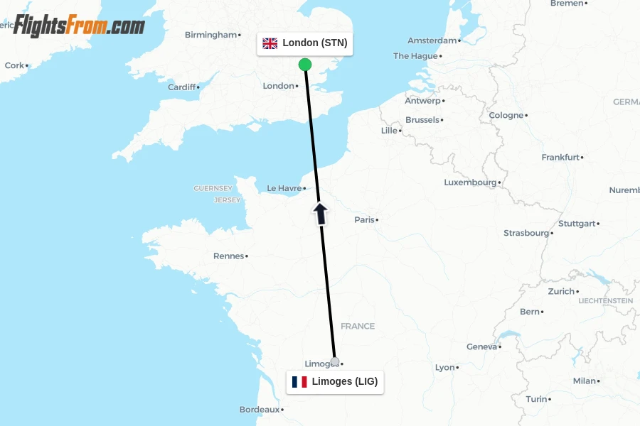 Flights from Limoges to London route map