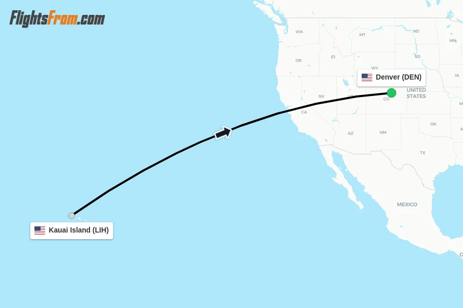 Flights from Kauai Island to Denver route map