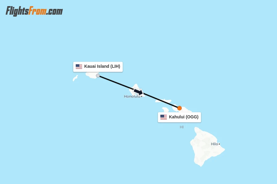 Flights from Kauai Island to Kahului route map