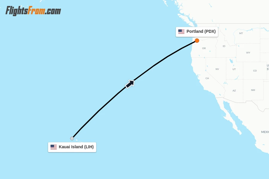 Flights from Kauai Island to Portland route map