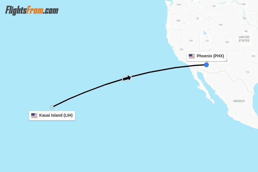 Flights from Kauai Island to Phoenix route map
