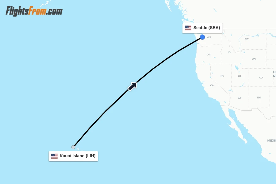 Flights from Kauai Island to Seattle route map