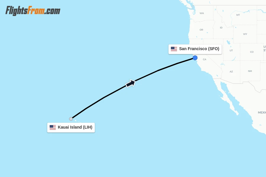 Flights from Kauai Island to San Francisco route map