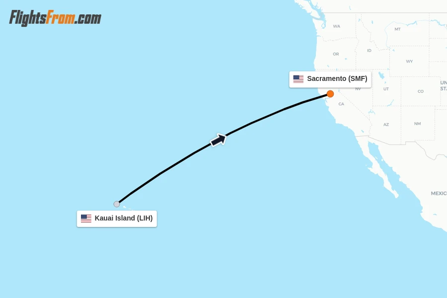 Flights from Kauai Island to Sacramento route map