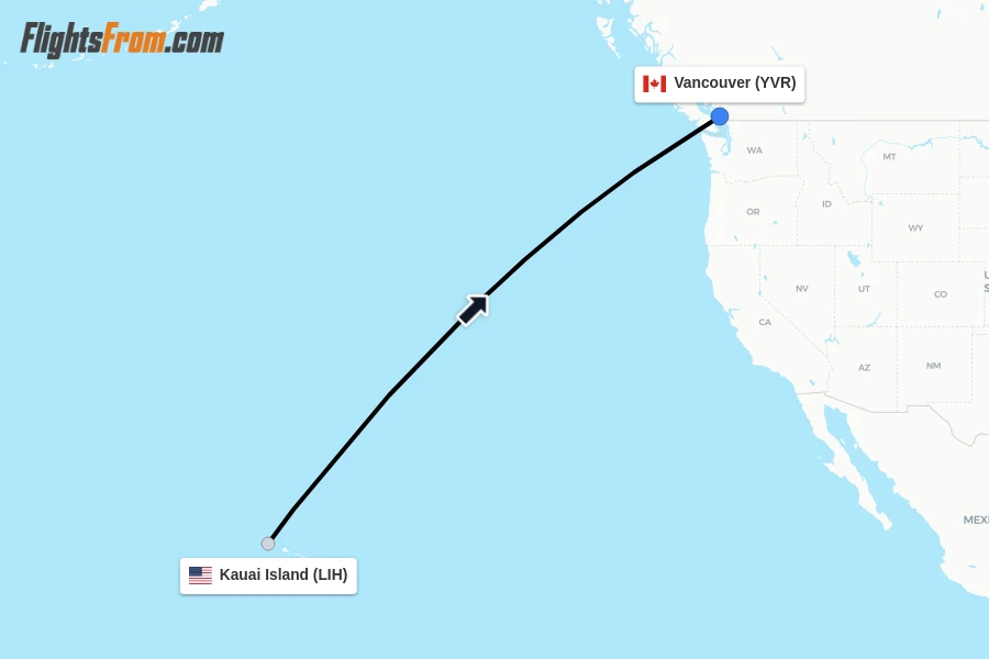 Flights from Kauai Island to Vancouver route map
