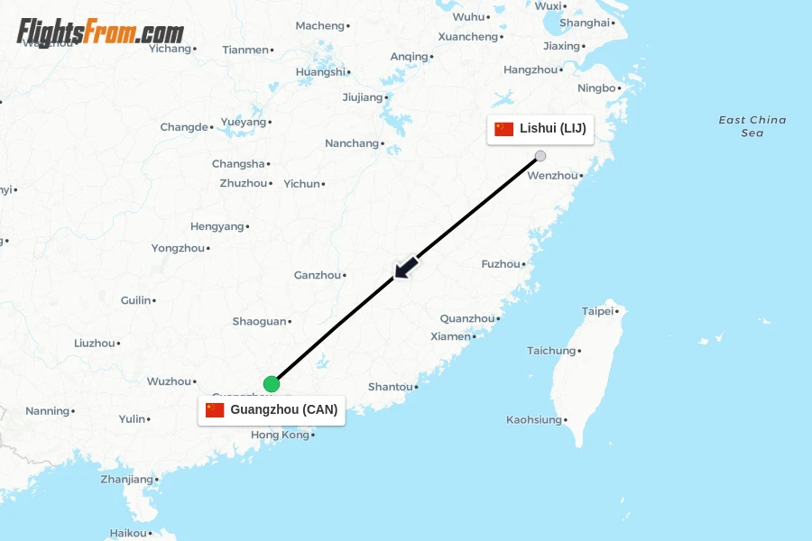 Flights from Lishui to Guangzhou route map