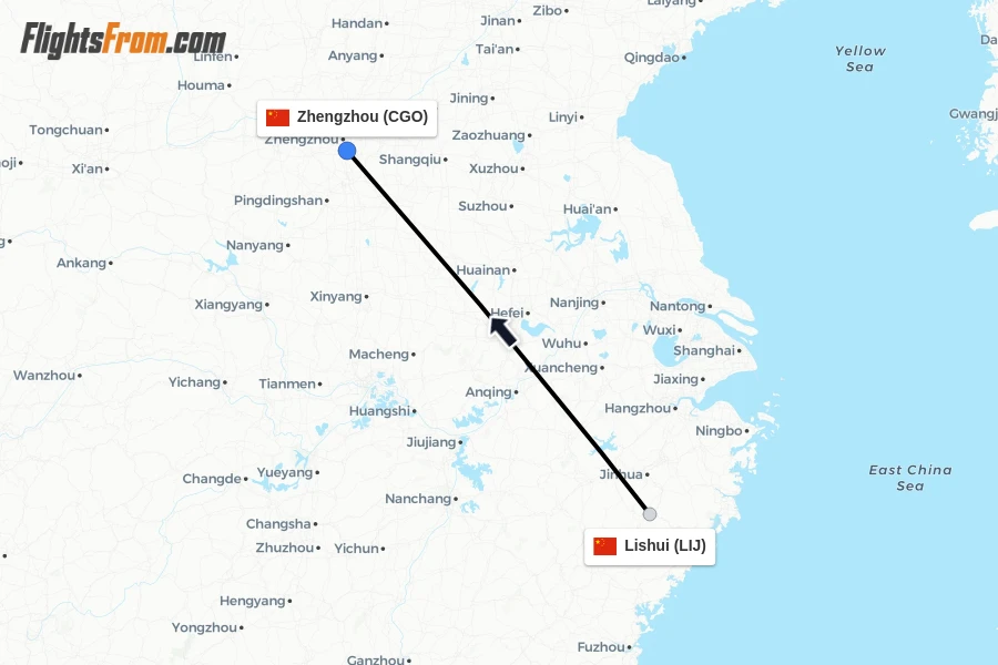 Flights from Lishui to Zhengzhou route map
