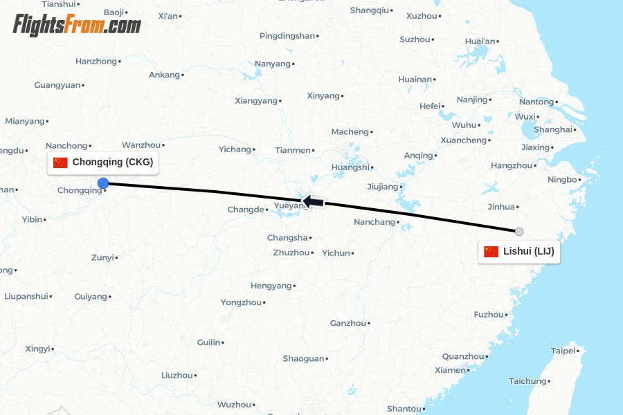 Flights from Lishui to Chongqing route map