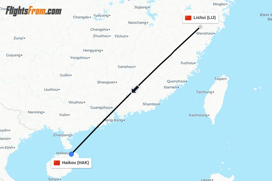 Flights from Lishui to Haikou route map