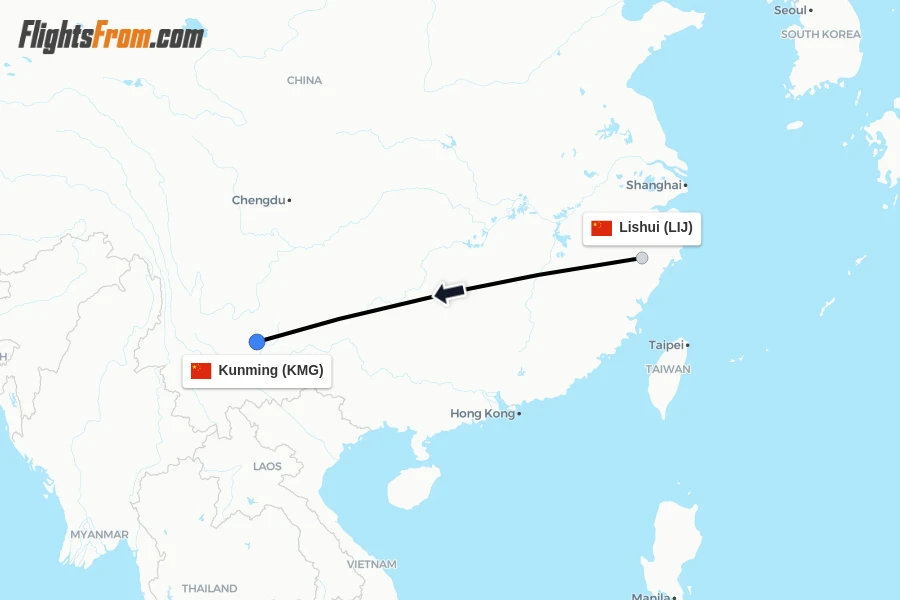 Flights from Lishui to Kunming route map