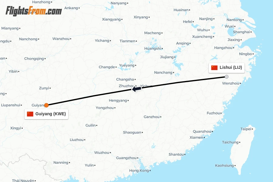 Flights from Lishui to Guiyang route map