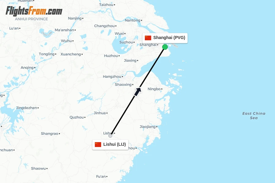 Flights from Lishui to Shanghai route map