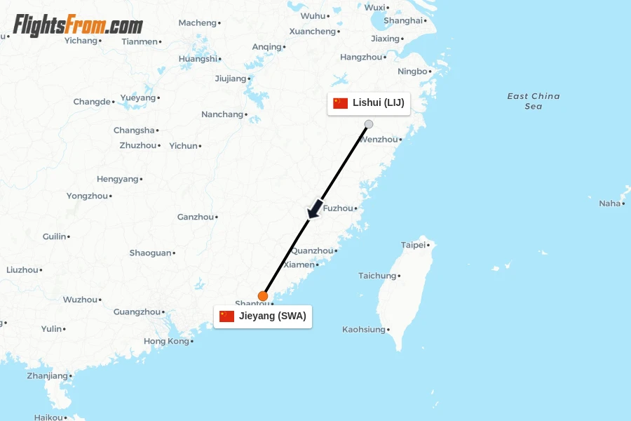 Flights from Lishui to Jieyang route map