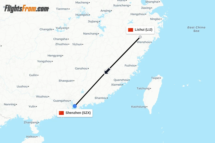 Flights from Lishui to Shenzhen route map