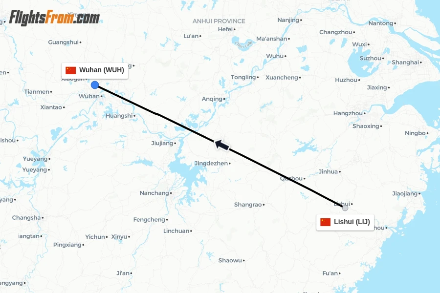 Flights from Lishui to Wuhan route map