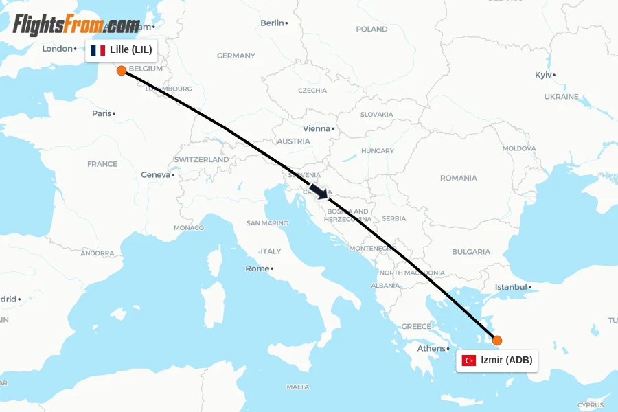 Flights from Lille to Izmir route map