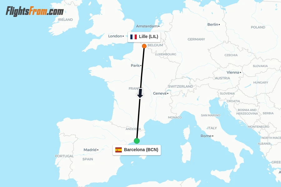 Flights from Lille to Barcelona route map