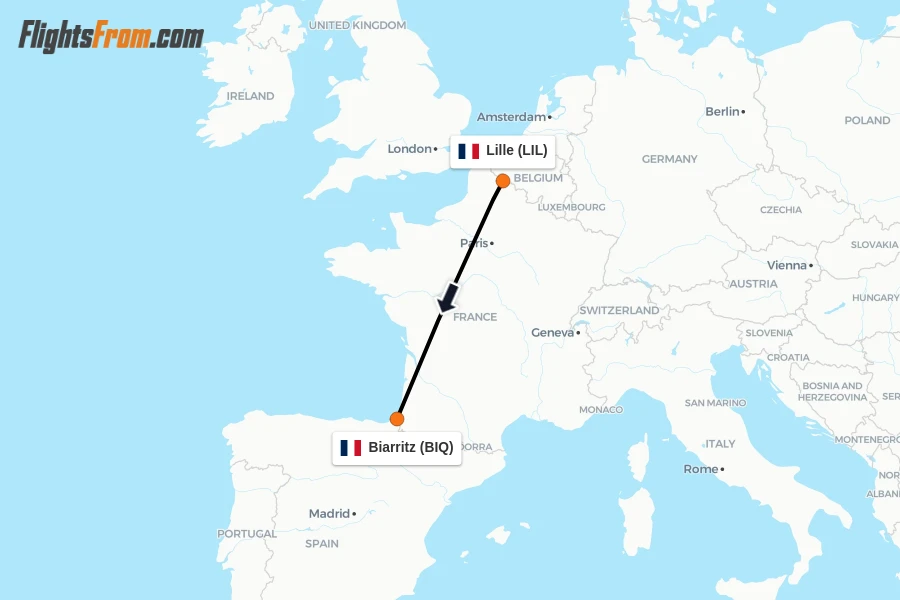 Flights from Lille to Biarritz route map