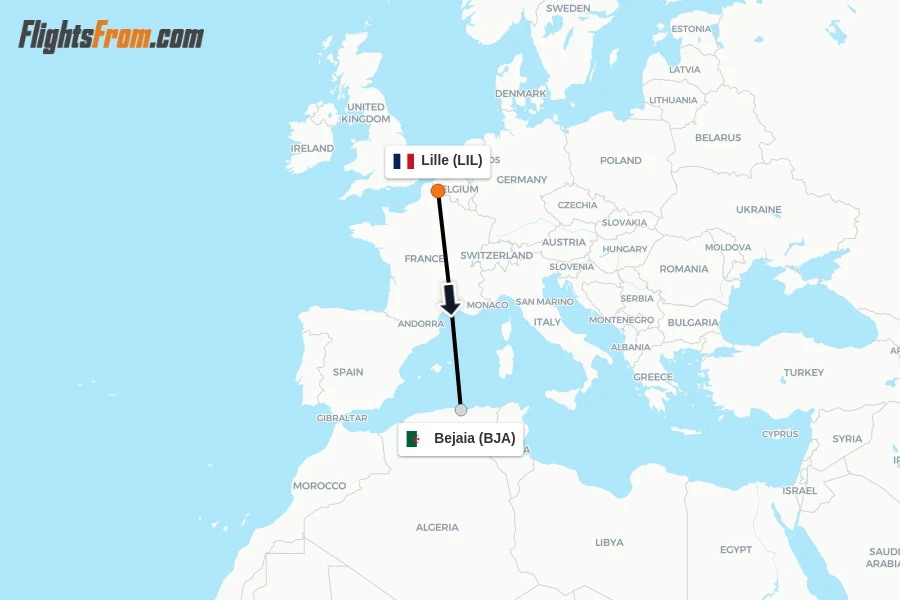Flights from Lille to Bejaia route map
