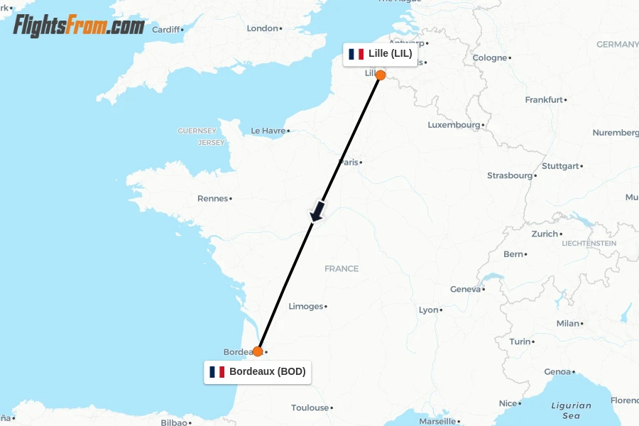Flights from Lille to Bordeaux route map