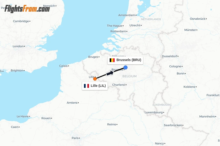 Flights from Lille to Brussels route map