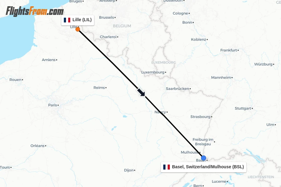Flights from Lille to Basel, Switzerland/Mulhouse route map