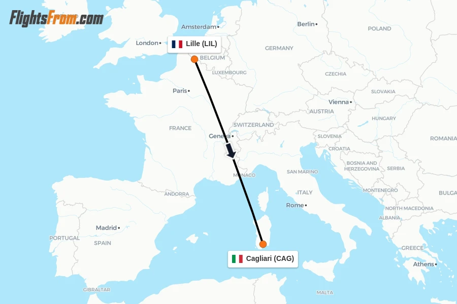 Flights from Lille to Cagliari route map