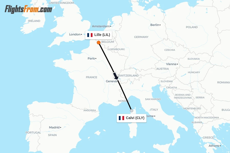 Flights from Lille to Calvi route map