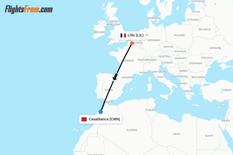 Flights from Lille to Casablanca route map