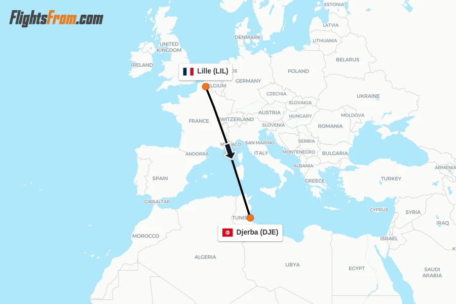 Flights from Lille to Djerba route map
