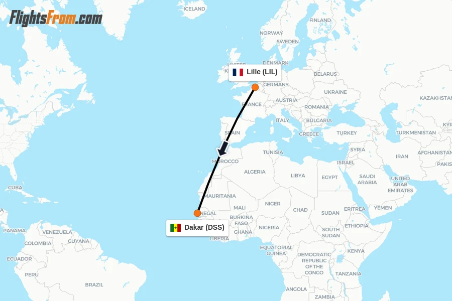 Flights from Lille to Dakar route map