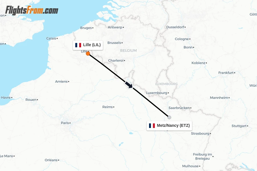 Flights from Lille to Metz/Nancy route map