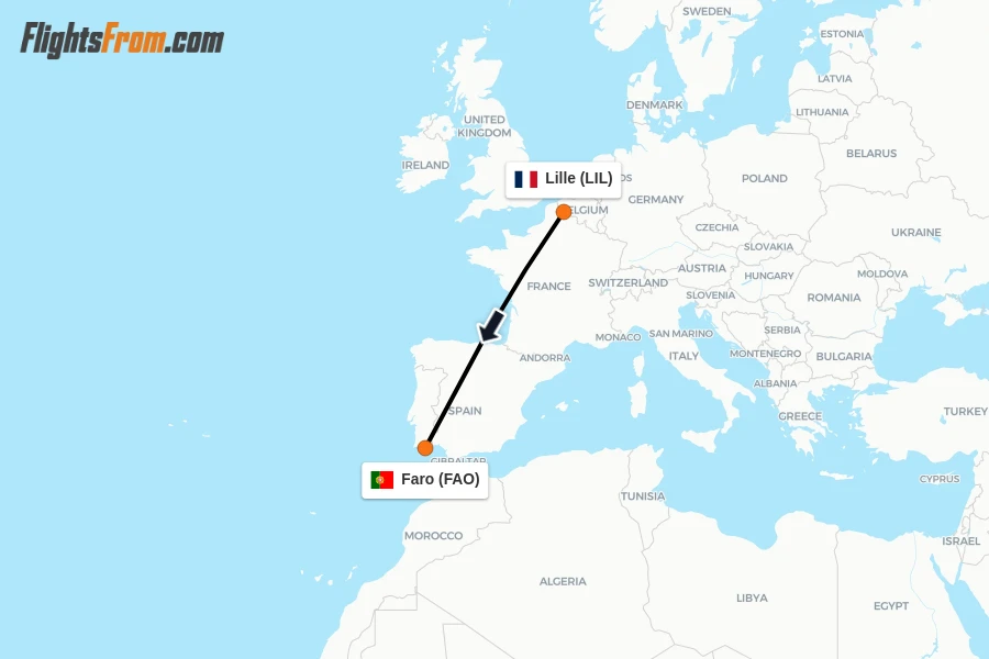 Flights from Lille to Faro route map