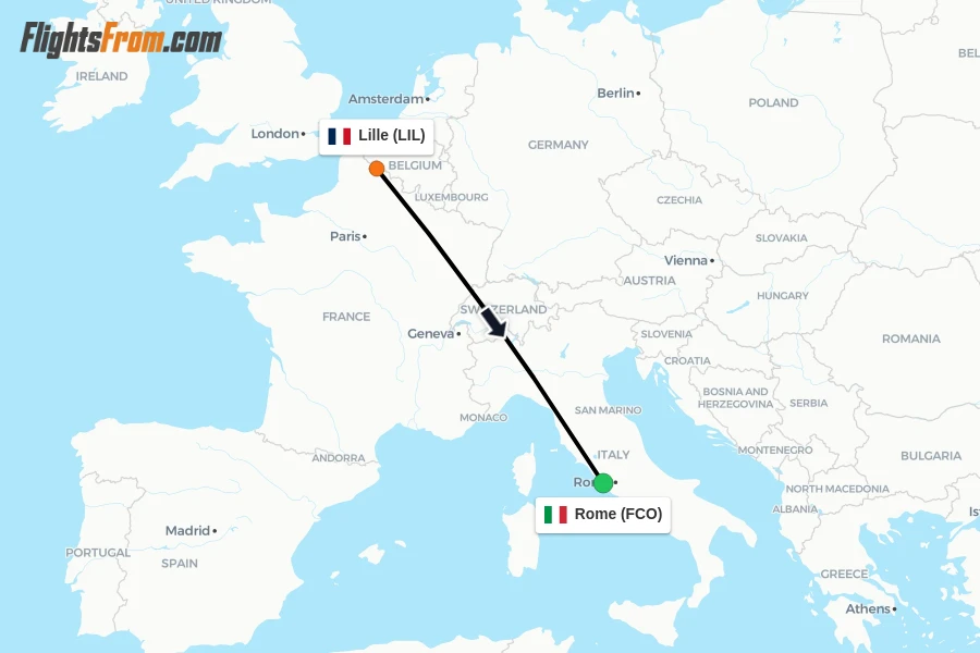 Flights from Lille to Rome route map