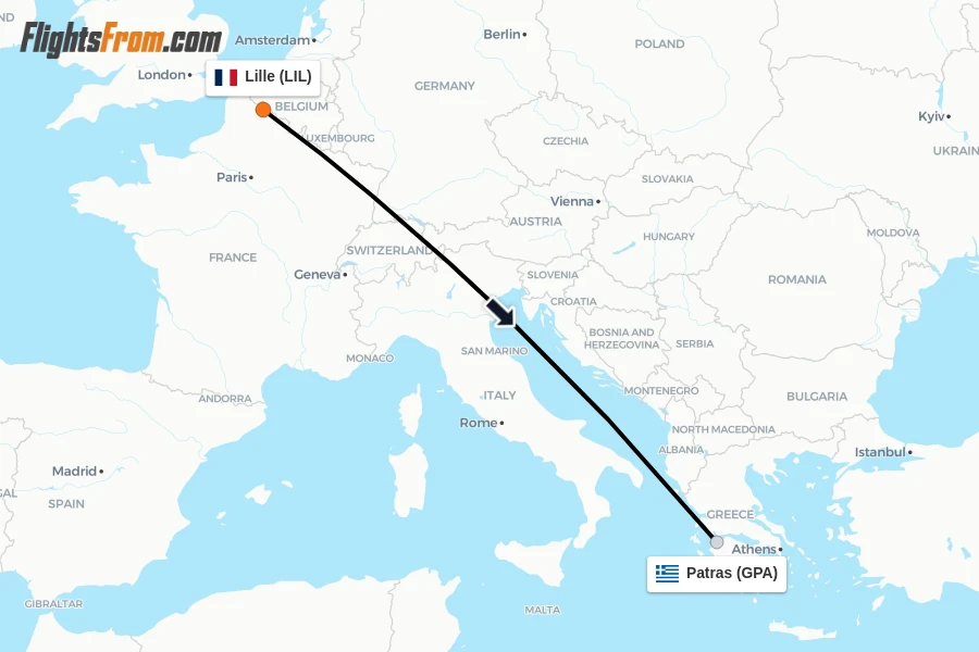 Flights from Lille to Patras route map