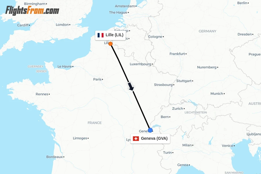 Flights from Lille to Geneva route map