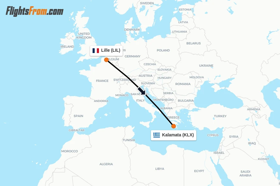 Flights from Lille to Kalamata route map
