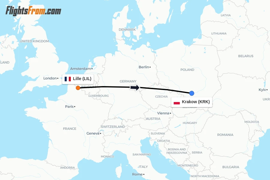 Flights from Lille to Krakow route map