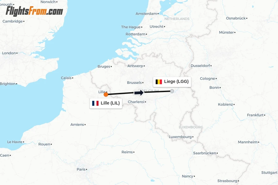 Flights from Lille to Liege route map