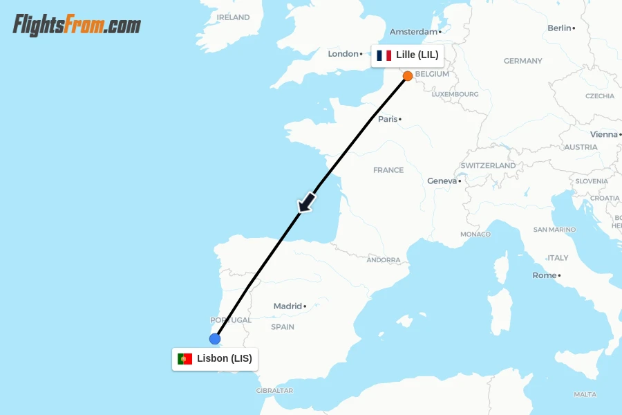 Flights from Lille to Lisbon route map
