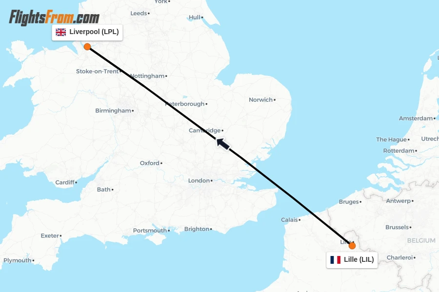 Flights from Lille to Liverpool route map