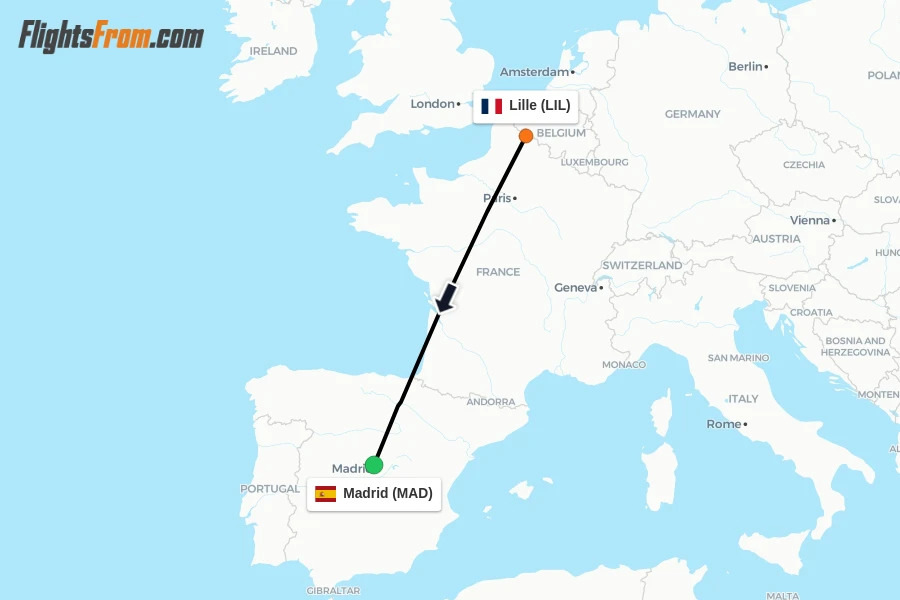 Flights from Lille to Madrid route map