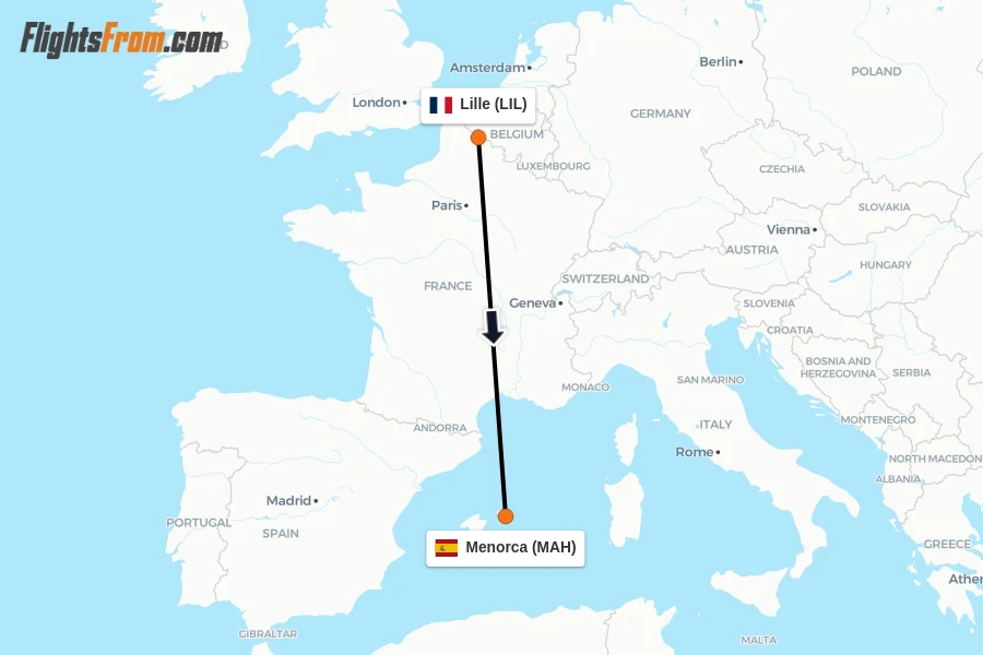 Flights from Lille to Menorca route map