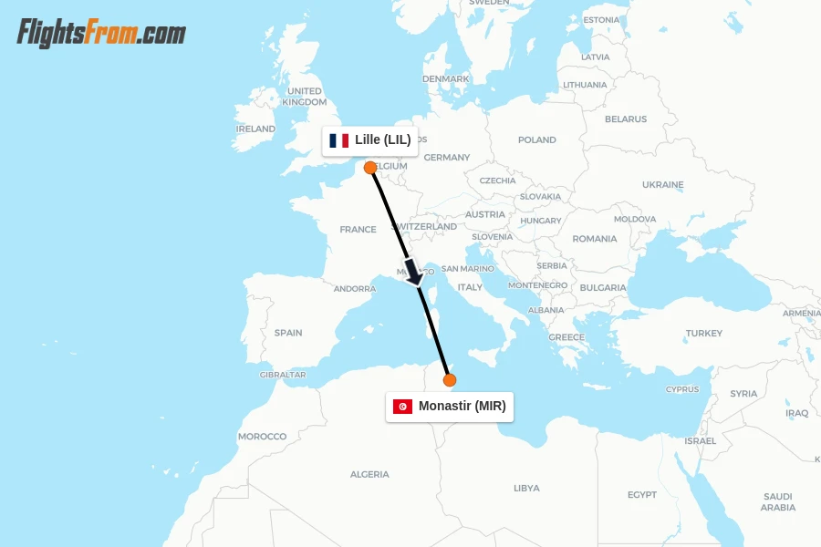 Flights from Lille to Monastir route map