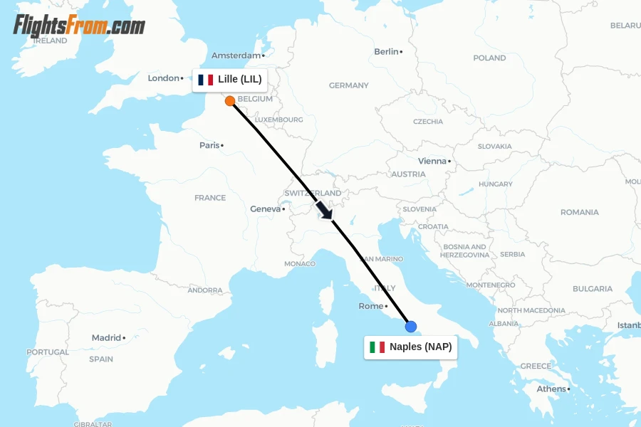 Flights from Lille to Naples route map